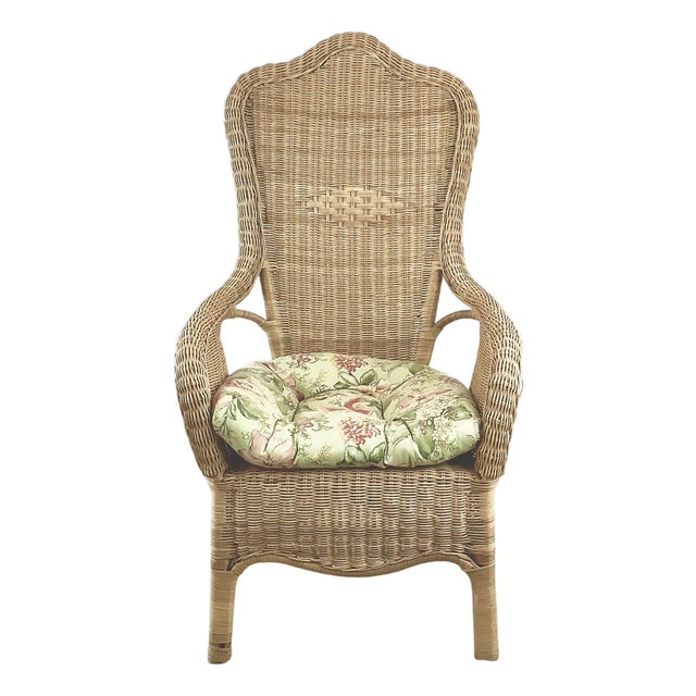 Vintage High-Back Woven Wicker & Rattan Armchair For Sale