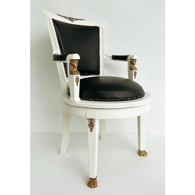 French 1850s French Empire Armchairs, Fine Gilt Bronze Mounts, Painted and Upholstered For Sale - Image 3 of 18