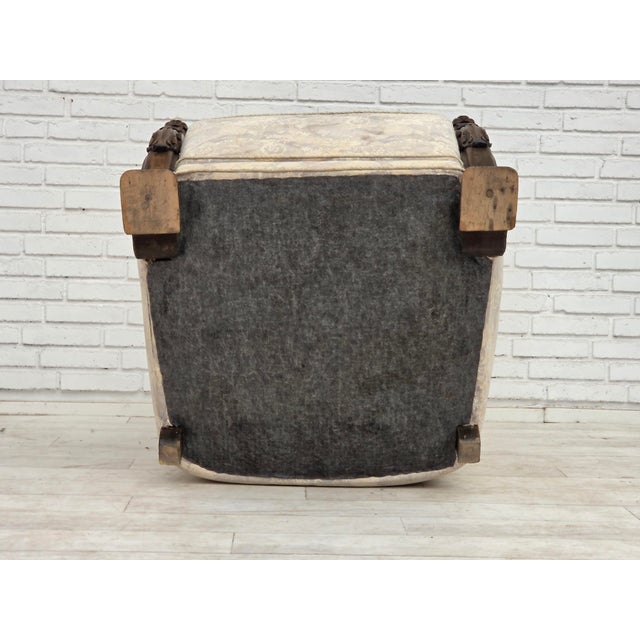 1960s, Danish armchair. Furniture jacquard fabric, handcarved ash wood, brass springs in the seat. Chairs were...