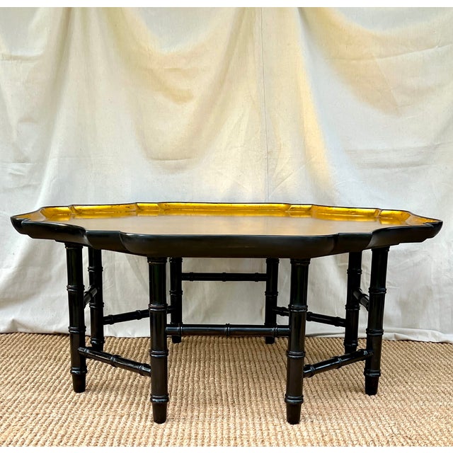 Hollywood Regency A Kittinger Octagonal Gold Leaf Coffee Table With an Ebonized Faux Bamboo Base For Sale - Image 3 of 6