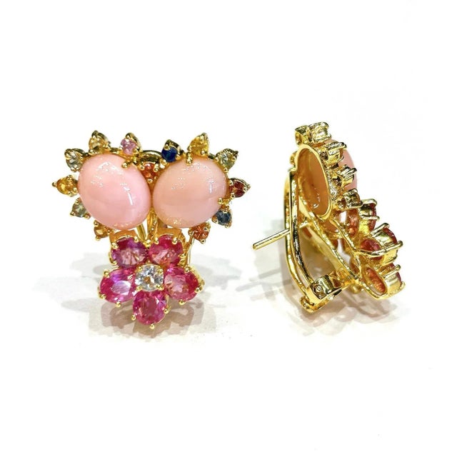 Baroque Bochic “Orient” Ruby, Coral & Multi Sapphire Earrings Set in 18k & Silver - 2 Pieces For Sale - Image 3 of 4