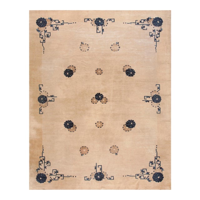 1900s Tan Beige Geometric Antique Chinese Peking Rug 10' X 13'6'' Handknotted Wool Carpet For Sale