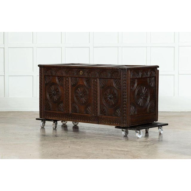 Early 18th Century Early 18th Century English Oak Carved Coffer, 1720s For Sale - Image 5 of 17