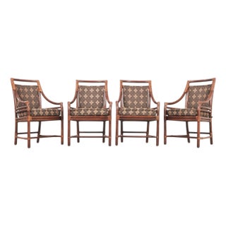 Set of Four McGuire Rattan Target Upholstered Dining Armchairs For Sale
