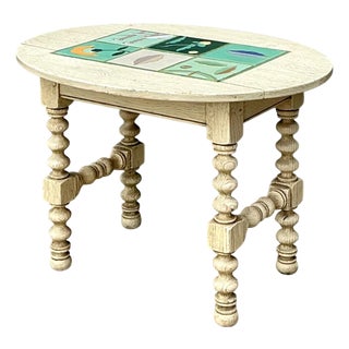 Vintage Turned Wood Table With Ceramic Top For Sale
