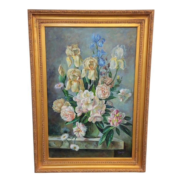 Framed Oil on Canvas Painting of Irises by Vargas For Sale
