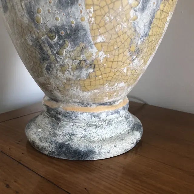 Textile 1990s Yellow and Gray Crackle Glaze Ceramic Urn Shaped Lamp With Shade For Sale - Image 7 of 9