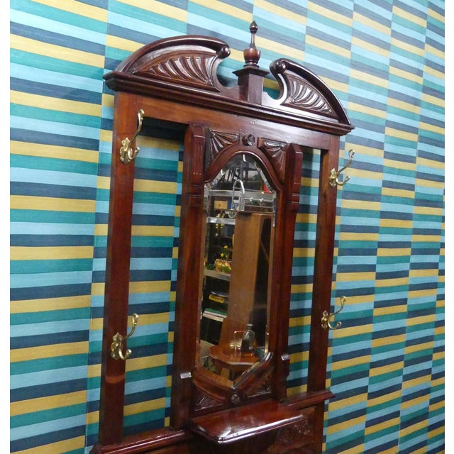 Brown Antique Art Nouveau Mahogany Wardrobe with Beveled Mirror, Chest of Drawers, and Umbrella Stand, 1920s For Sale - Image 8 of 18