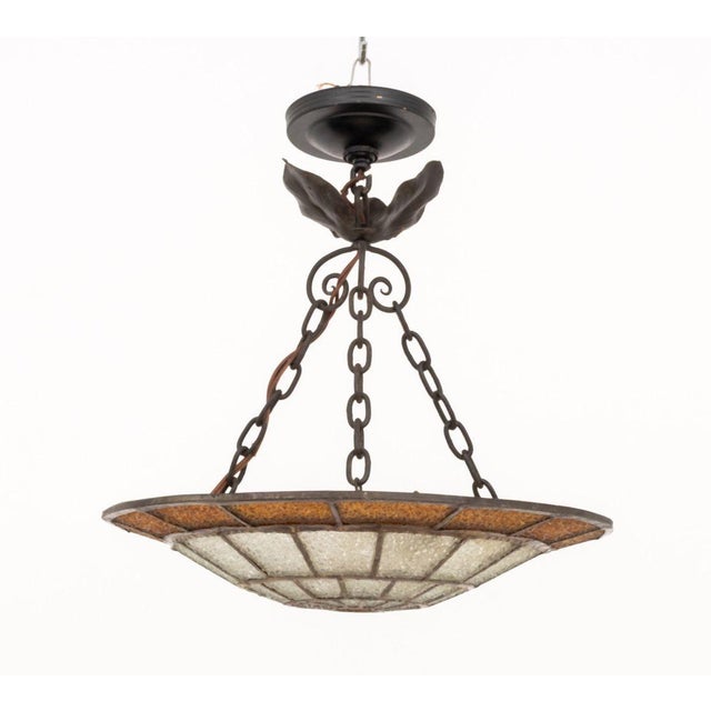 Late 20th Century Art Deco Textured Glass and Iron Pendant Light For Sale - Image 5 of 8