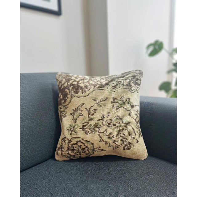 Brown Vintage Turkish Rug Pillow Cover, Handwoven Wool Isparta Floral Cushion, Moody Dark Brown Boho Pillow, 16x16 In For Sale - Image 8 of 8