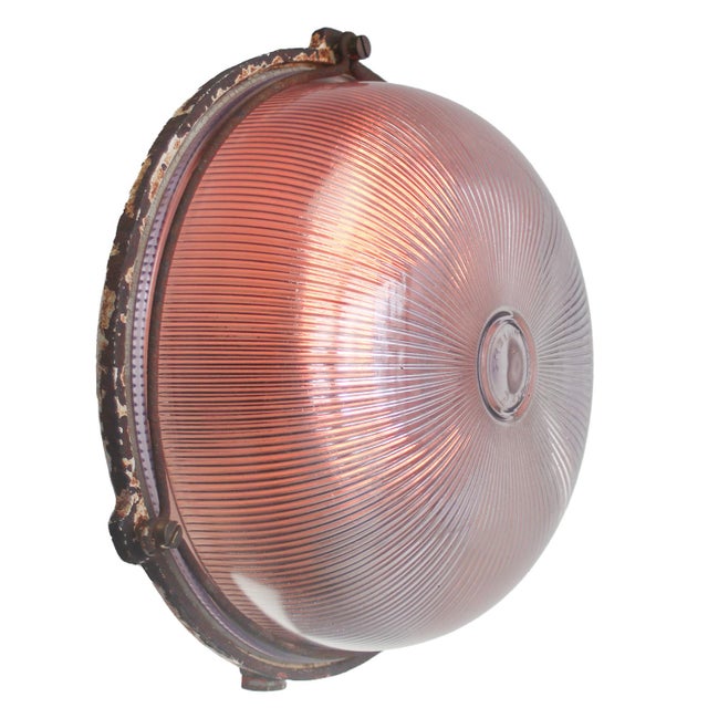 French industrial wall / ceiling lamp by mapelec, amiens, france cast iron back with viloet pressed glass. e27 / e26 this...