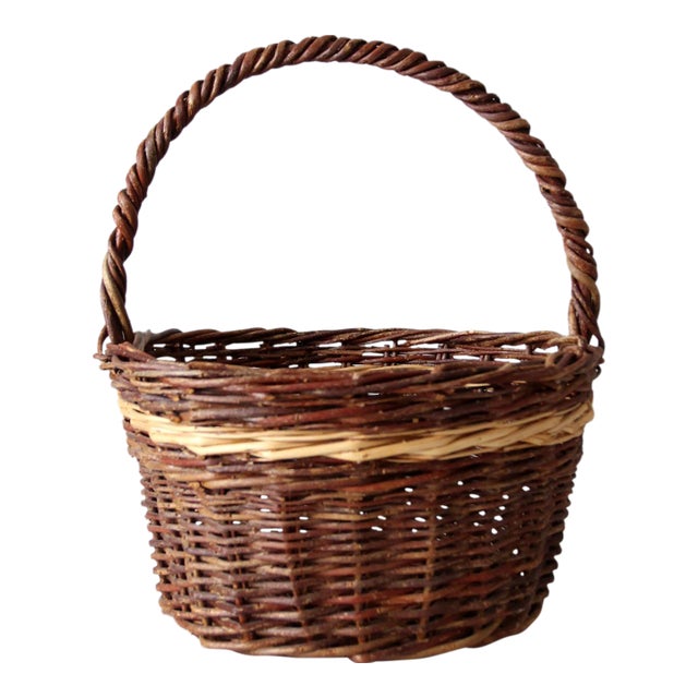 Vintage Wicker Gathering Basket For Sale