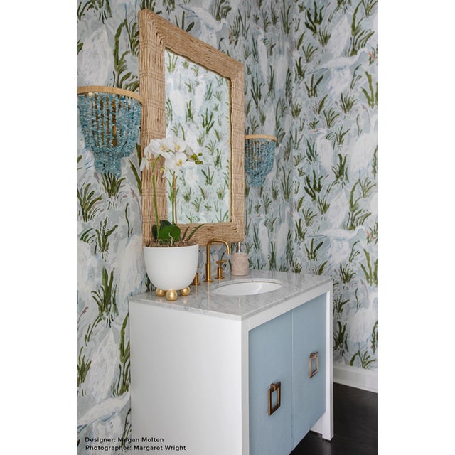 Worlds Away Matthew Izzo Home April Single Porcelain Sink Bath Vanity With Textured Light Blue Linen, Matte White Lacquer and Brass Hardware For Sale - Image 4 of 9