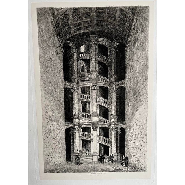Mid 19th Century Antique French Etching Chateau Chambord Interior With Grand Staircase DaVinci Designed. For Sale - Image 5 of 7