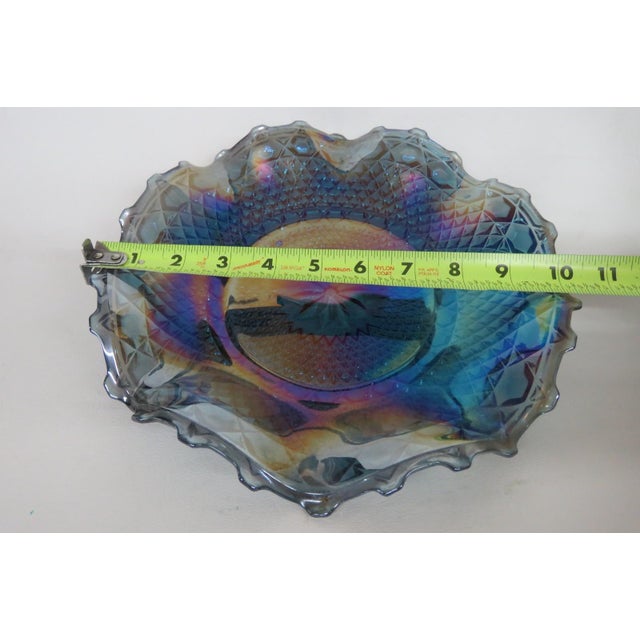 Glass Mid 20th Century Indiana Carnival Glass Blue Iridescent Dish Shallow Bowl Ruffled Edge 4806b For Sale - Image 7 of 10