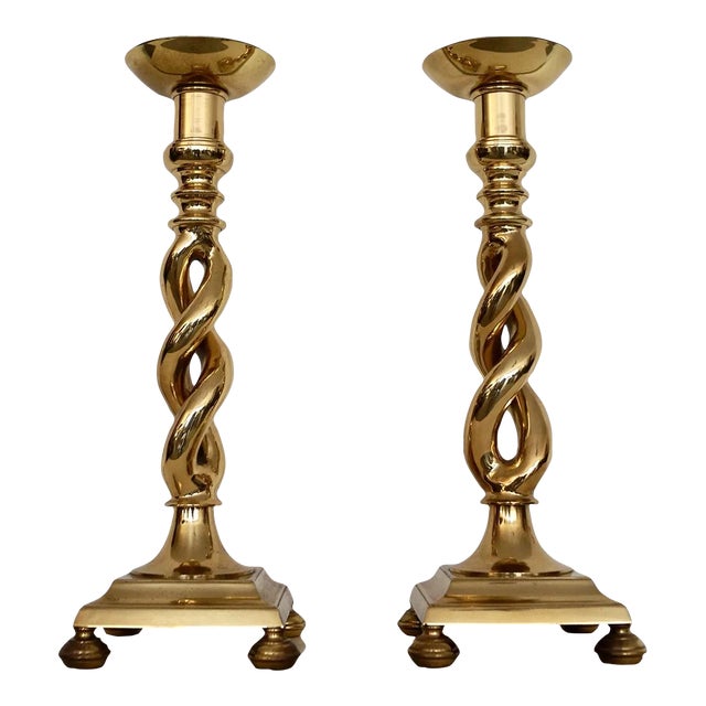 Vintage Hollywood Regency Solid Brass Spiral Candle Holders - a Pair For Sale