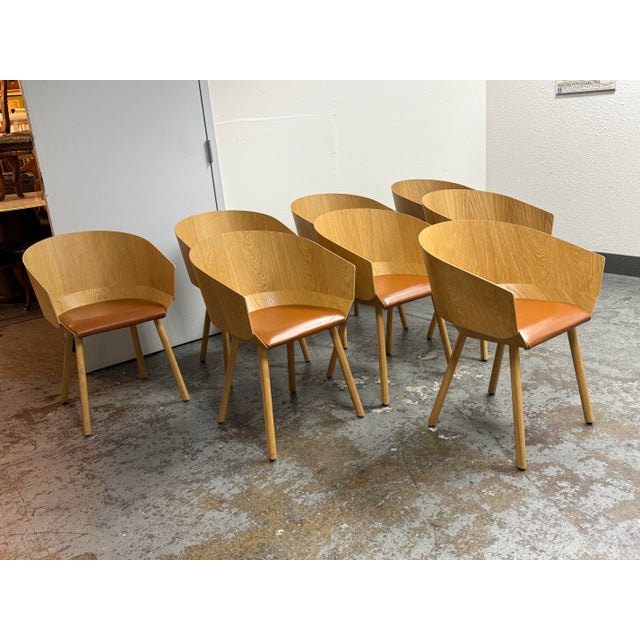 Modern Stefan Diez for E15 Ch04 Houdini Oak + Leather Armchairs, Set of Eight For Sale - Image 3 of 12