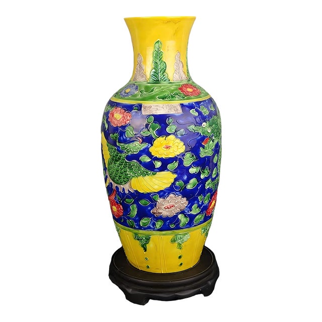 Chinese Vintage Ceramic Vase,Ming Dynasty Yongle Marked Yellow Ground Famille Verte Porcelain Guanyin Vase With Dragon Phoenix Relief For Sale