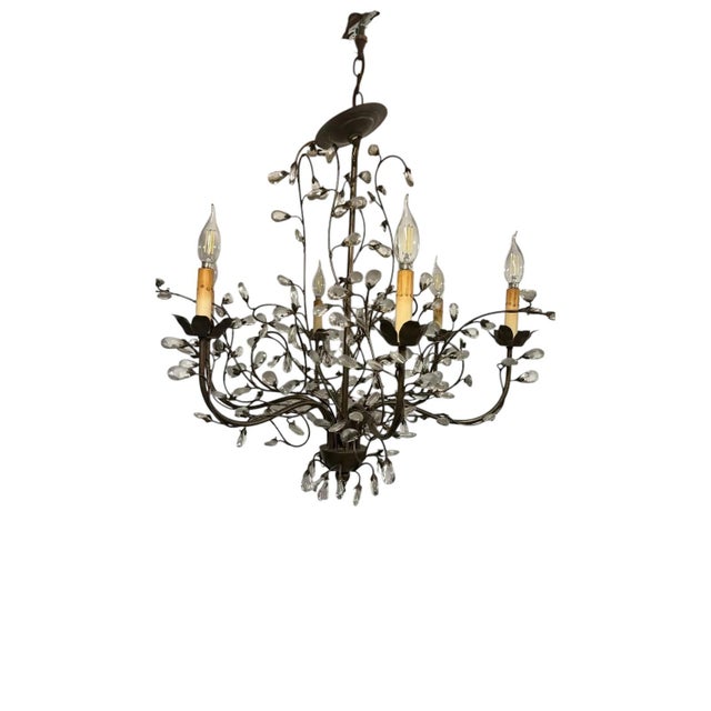 French Pair of Wrought Iron and Crystal Branch Chandeliers For Sale - Image 4 of 10