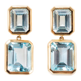 14k Yellow Gold 17.01ctw Bezel Set Emerald Cut Topaz Drop Dangle Earrings For Sale