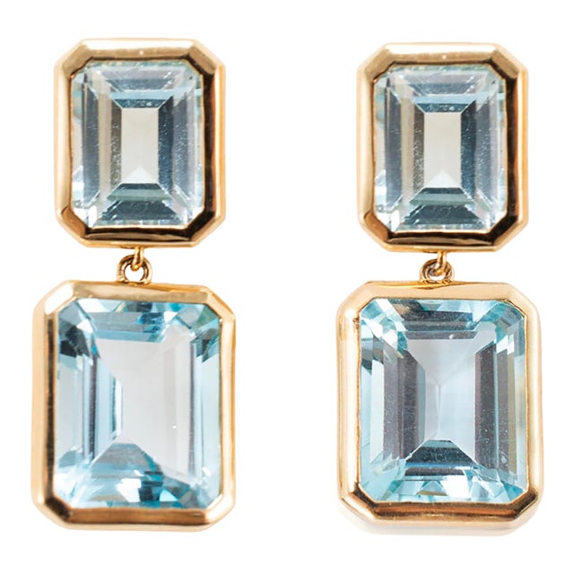 14k Yellow Gold 17.01ctw Bezel Set Emerald Cut Topaz Drop Dangle Earrings For Sale