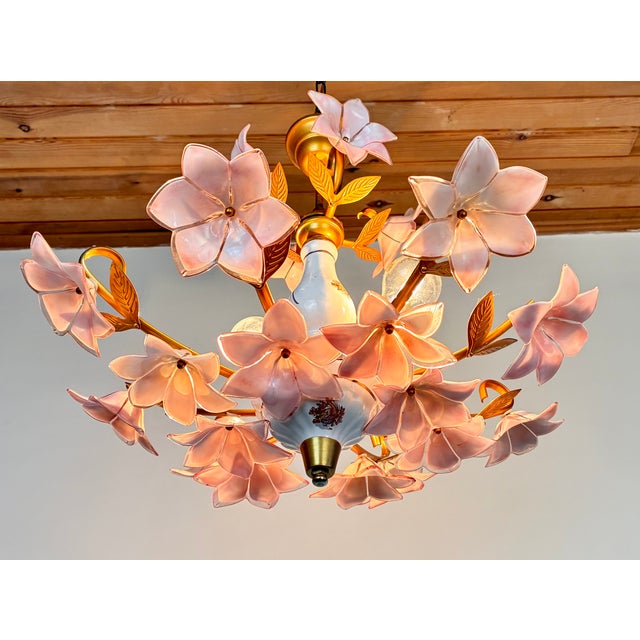 Vintage Pink Murano Style Art Deco Hand Painted Glass Floral Chandelier For Sale - Image 9 of 14