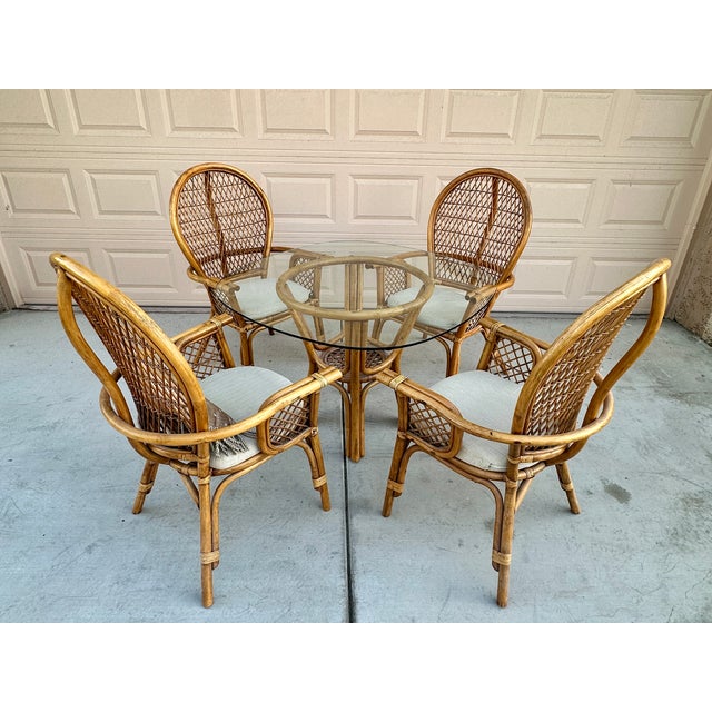 1970s Franco Albini Style 5-Piece Rattan & Glass Dining Set – Highback Peacock Chairs For Sale - Image 15 of 15