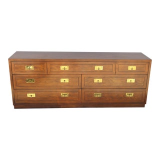 Henredon Campaign Style Triple Dresser / Credenza in Warm Walnut With Brass Hardware For Sale