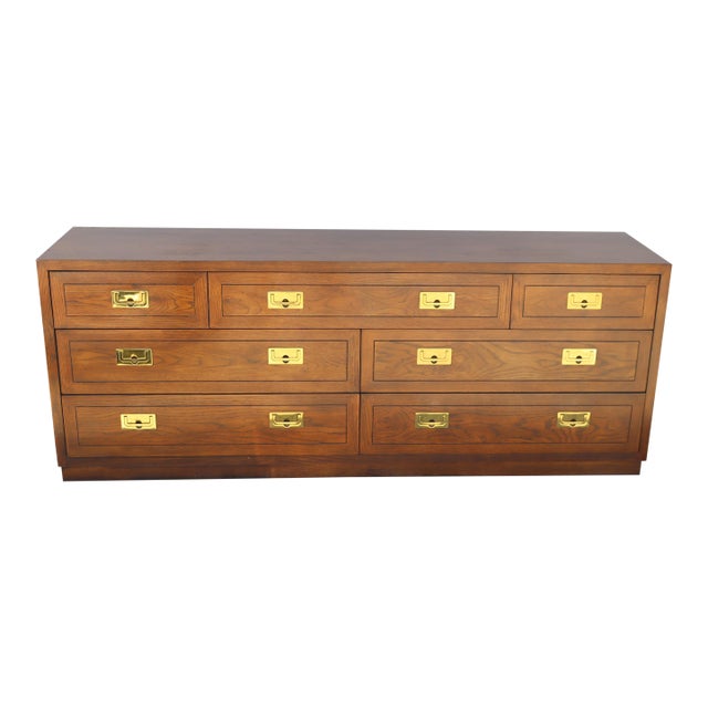 Henredon Campaign Style Triple Dresser / Credenza in Warm Walnut With Brass Hardware For Sale