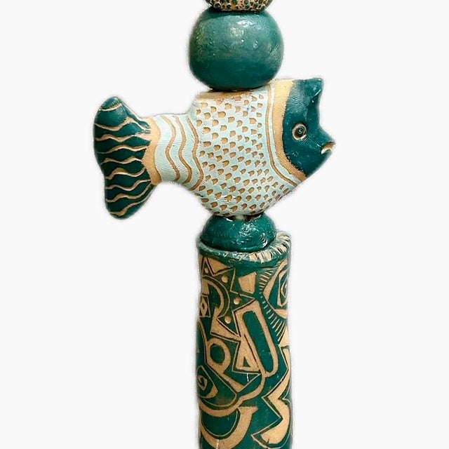 Contemporary Marc Zimmerman "Associates in Teal" Glazed Ceramic Totem, 65 Inches Tall, Teal and Gold Glaze, Fish and Face Elements, Contemporary Art West Coast For Sale - Image 3 of 7
