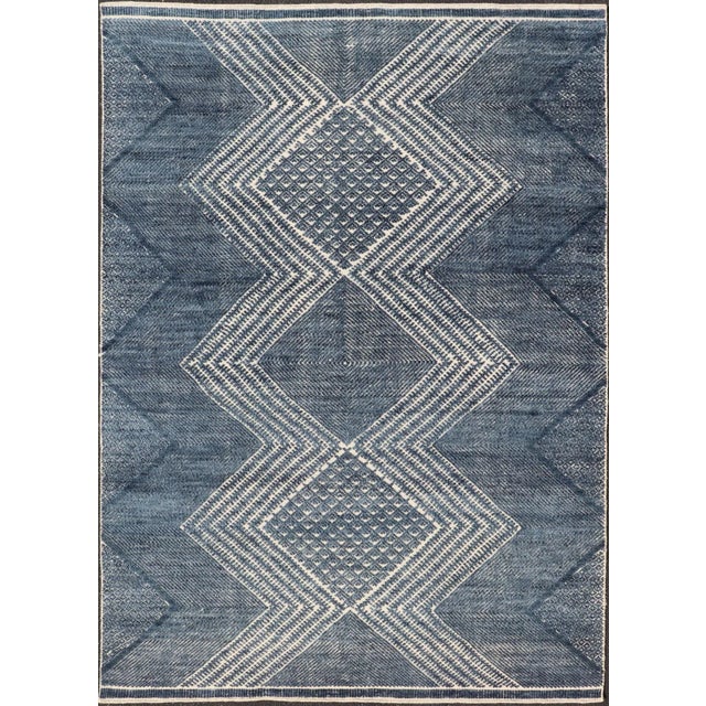 Modern Indian Area Rug With Tribal Design in Denim Blue and Ivory For Sale - Image 10 of 10