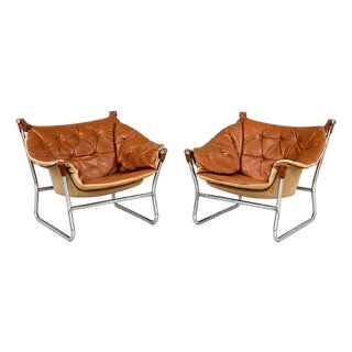 1970s Tormod Alnaes Leather Sling and Chrome Lounge Chairs - A Pair For Sale