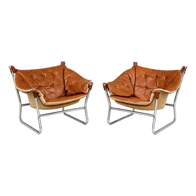 1970s Tormod Alnaes Leather Sling and Chrome Lounge Chairs - A Pair For Sale