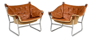 1970s Tormod Alnaes Leather Sling and Chrome Lounge Chairs - A Pair