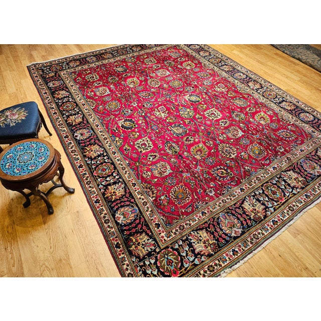Textile Vintage Tabriz Rug, Hand-Knotted Wool, All Over Geometric Pattern, Red & Navy, 10x13 For Sale - Image 7 of 18