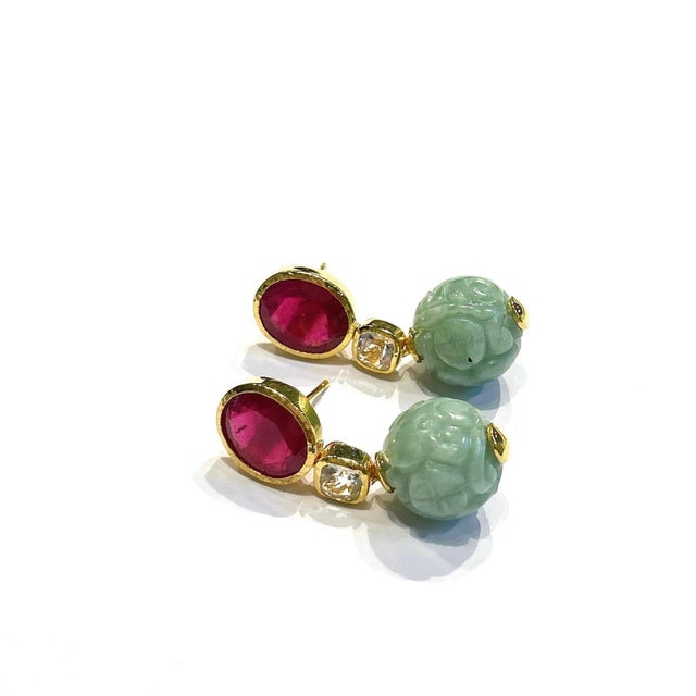Early 21st Century Bochic "Orient" Vintage Ruby, Topaz & Jade Earrings - 18K Gold & Silver For Sale - Image 5 of 6