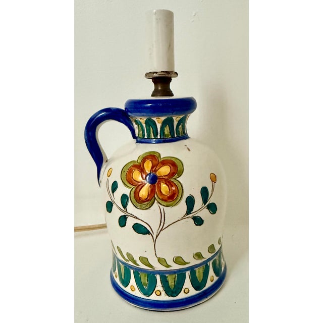Petite Italian Sgraffito Flower Jug Pottery Accent Table Lamp For Sale In San Antonio - Image 6 of 12