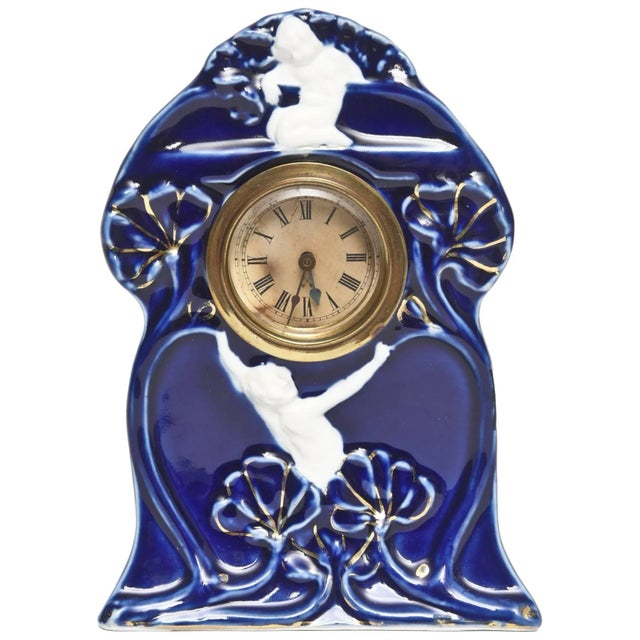 Art Nouveau Colbalt Blue Gilt Porcelain Desk Clock For Sale - Image 11 of 11