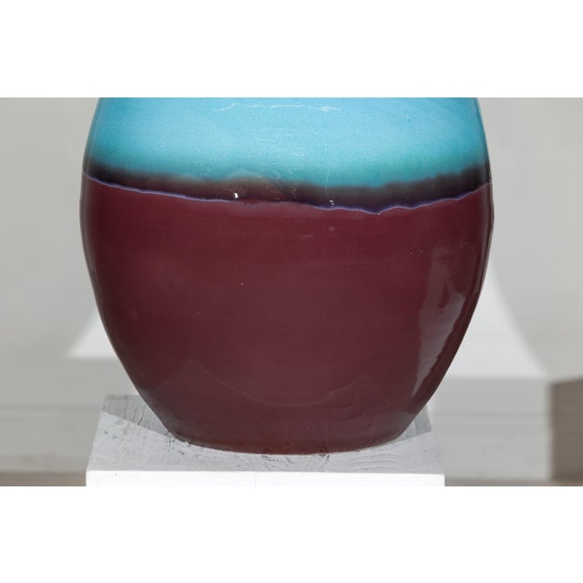 Ceramic Large Artisan Ceramic Vase with Turquoise Crackle Glaze and Deep Brown Ground For Sale - Image 7 of 18