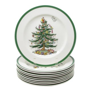 Vintage Spode Christmas Tree Dinner Plates Made in England - 10 Pieces For Sale