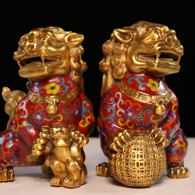 This is a striking pair of vintage cloisonné enamel guardian lions, crafted in the traditional style of Beijing lions...