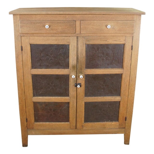 Antique Farmhouse Oak Pierced Tin Star Pie Safe Kitchen Cupboard Cabinet 51" For Sale