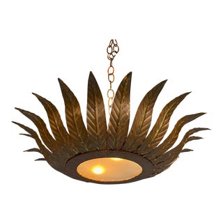 Large Gilt Metal Sunburst Flush Mount Ceiling Fixture For Sale