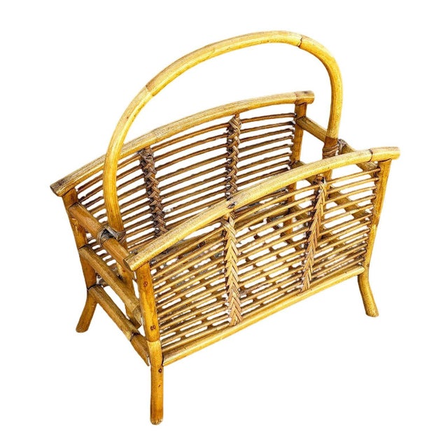 Restored Mid 20th Century Stacked Reed Rattan Magazine Rack For Sale - Image 4 of 8