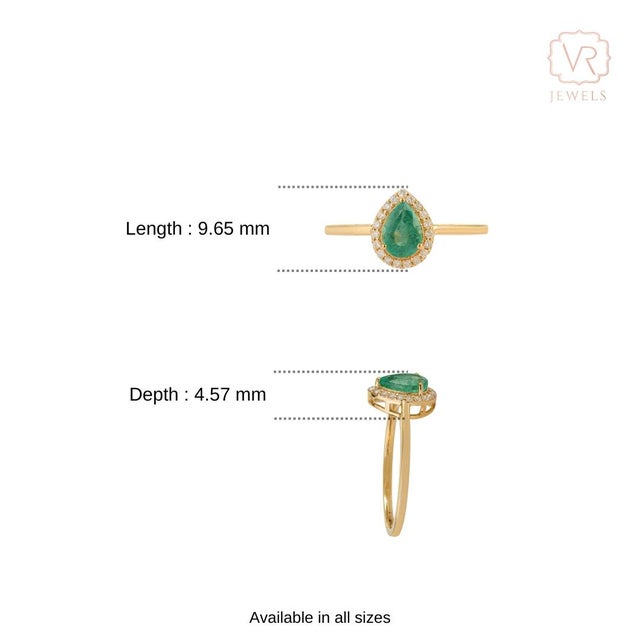 18k Gold Natural Pear Cut Emerald and Diamond Halo Engagement Ring Size 6.5 For Sale - Image 12 of 17