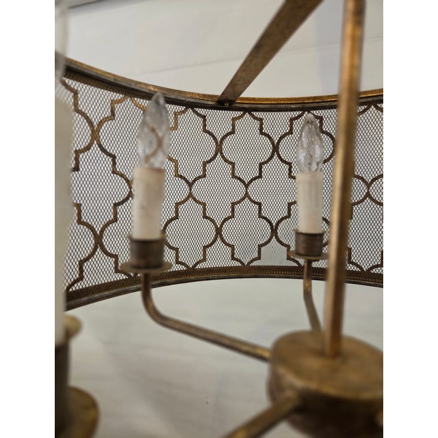 Mid-Century Modern Vintage Drum Trellis Chandlier 5 Light Gold Leaf For Sale - Image 3 of 9