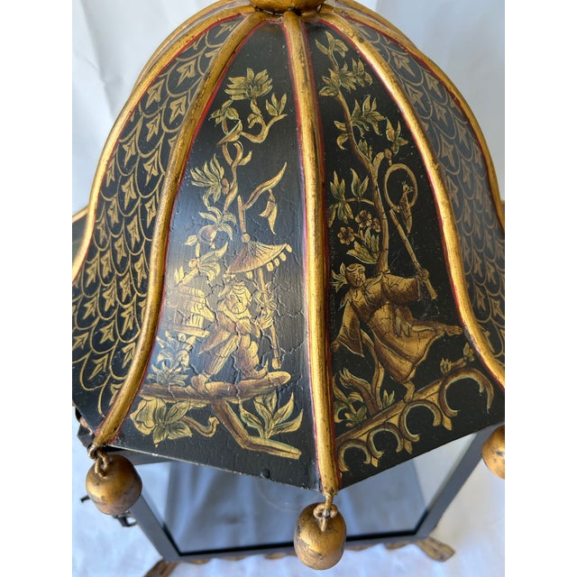 1990s Pair of Chinoiserie Gilt and Painted Metal Wall Lanterns With Figural Decoration, 23” H For Sale - Image 9 of 10