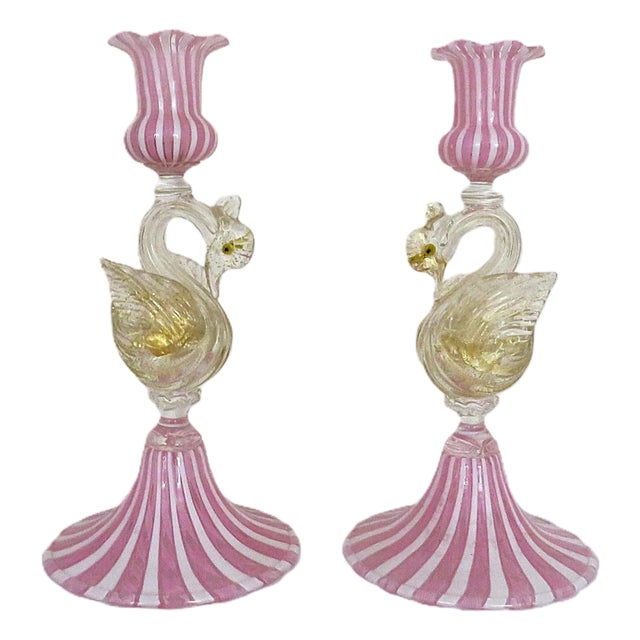 Pair of Italian Murano Glass Swan Candlesticks Candle Holders Pink & White Latticino Venetian For Sale