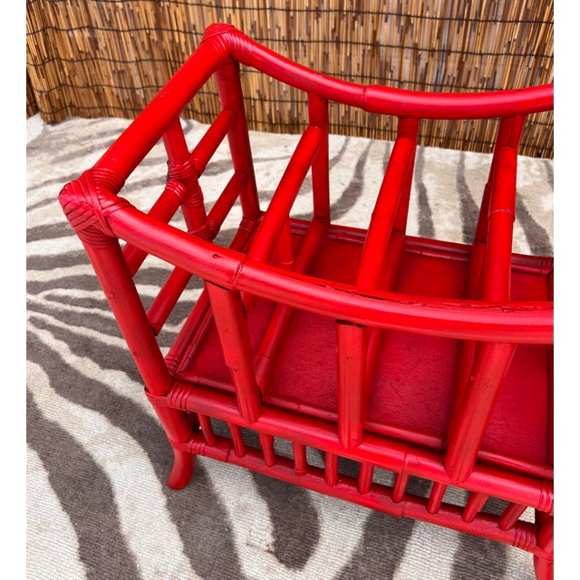 Wood Vintage Hollywood Regency Newly Painted Red Bamboo Magazine Rack For Sale - Image 7 of 9