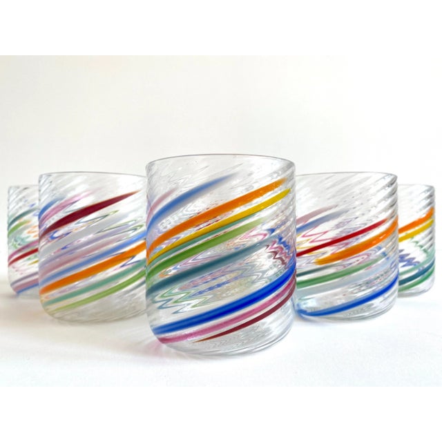 Vintage 1980s Post Modern Hand Blown Studio Art Glass Multicolor Abstract Swirl Glasses - Set of 6 For Sale - Image 13 of 13